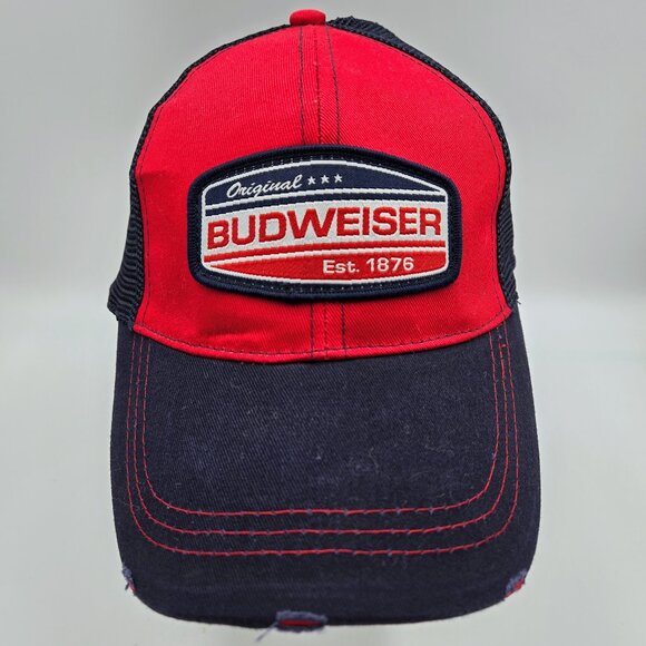 Budweiser Patch Hat Factory Distressed Red Blue Snapback Trucker Ball Cap Read - Picture 1 of 12
